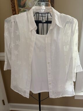 Alfred Dunner White Sheer Star-Embroidered Button Down Shirt Size 18P